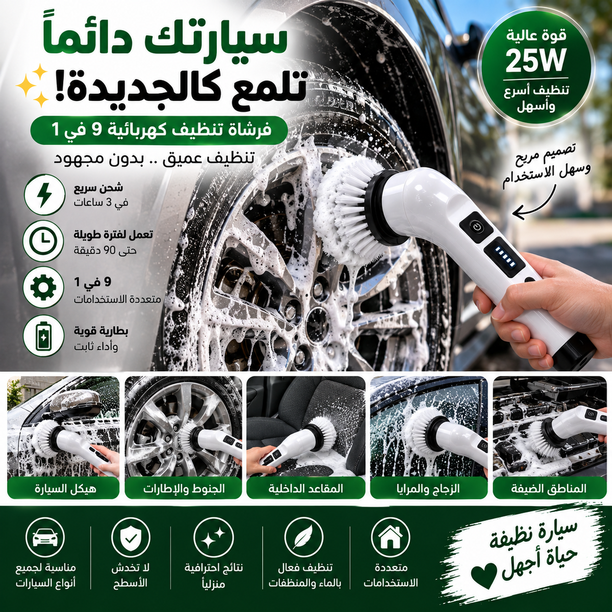 فرشاة تنظيف كهربائية لاسلكية 9 في 1 – متعددة الاستخدامات للمنزل والسيارة