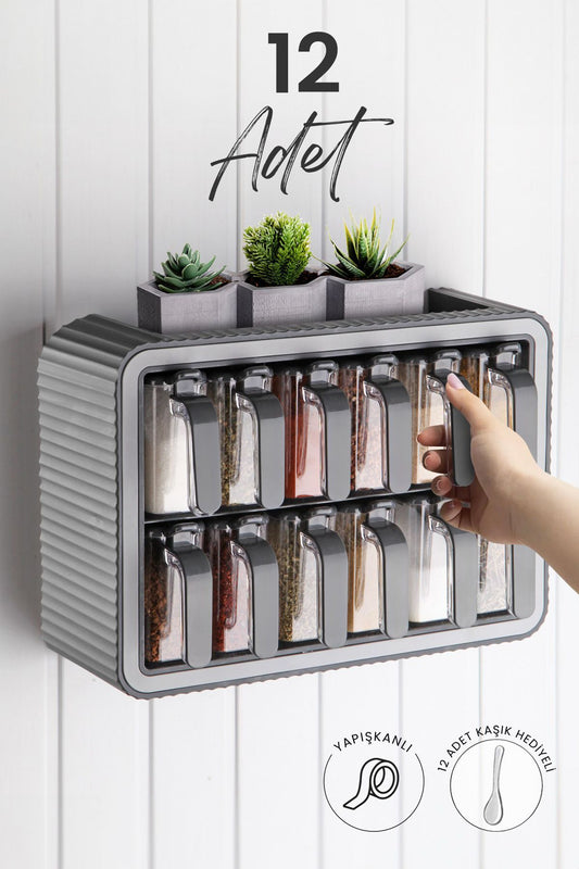 12 Pièces Ensemble de Bocaux à Épices Autocollants avec support