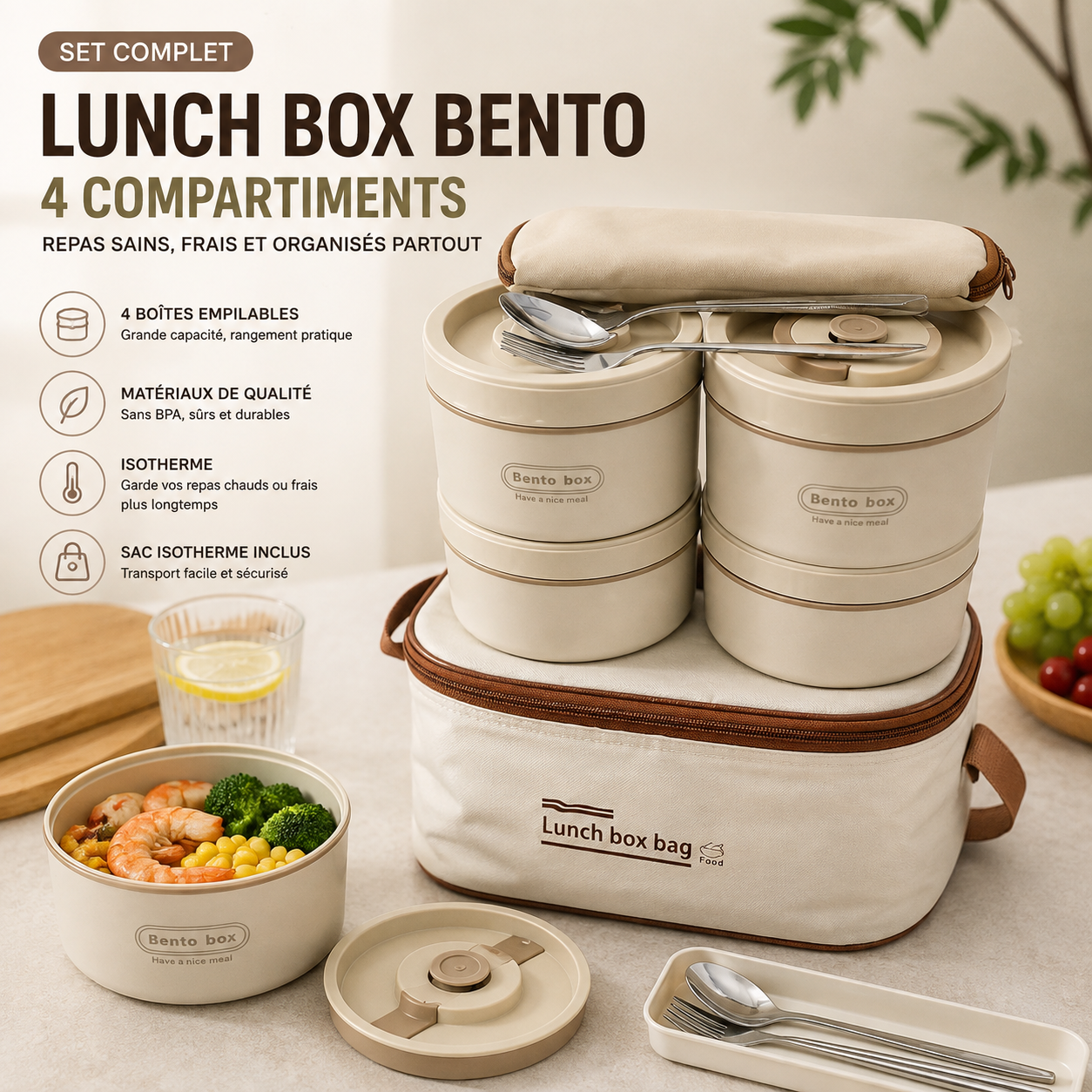 Set Lunch Box Isotherme 4 Compartiments – Repas Chauds & Frais.