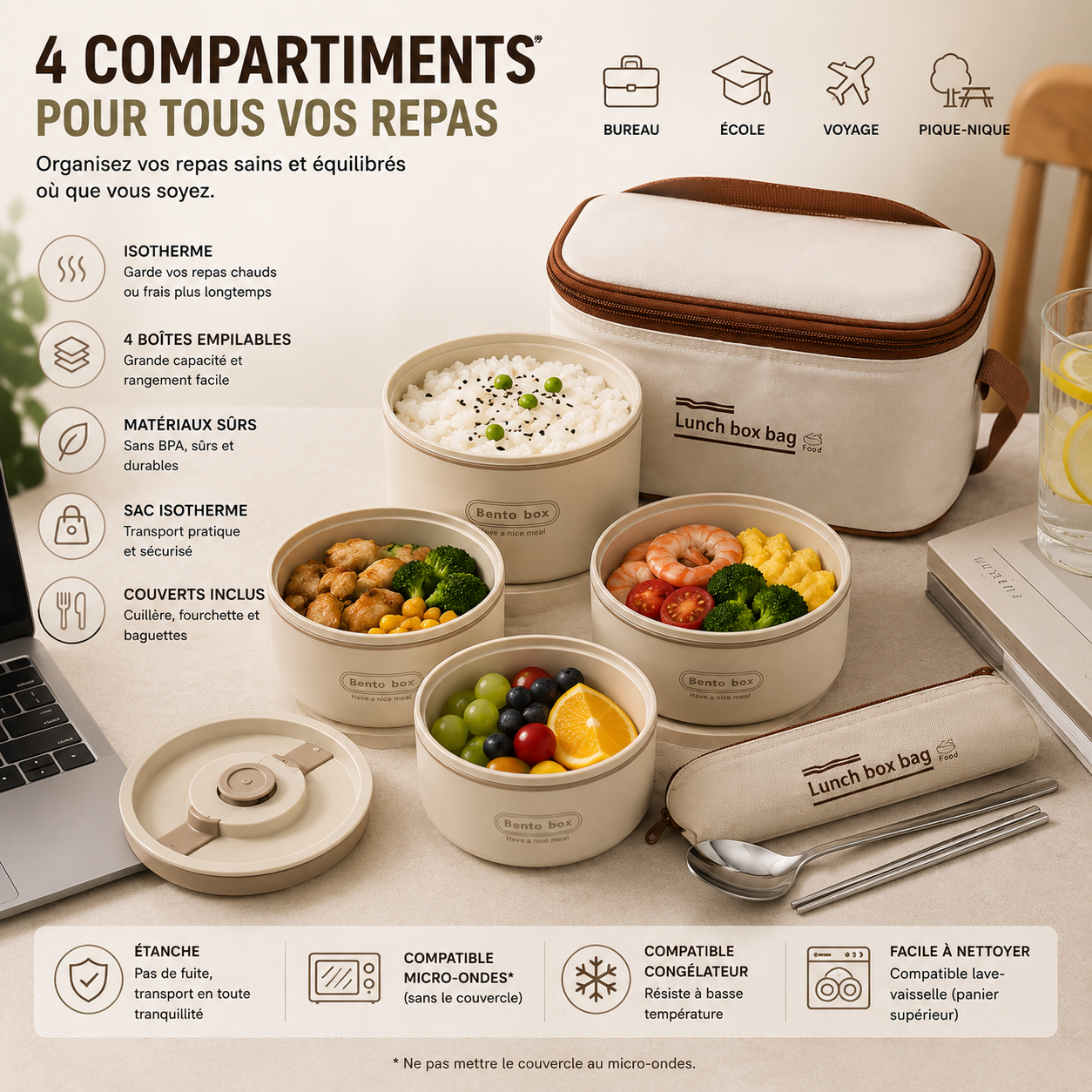 Set Lunch Box Isotherme 4 Compartiments – Repas Chauds & Frais.