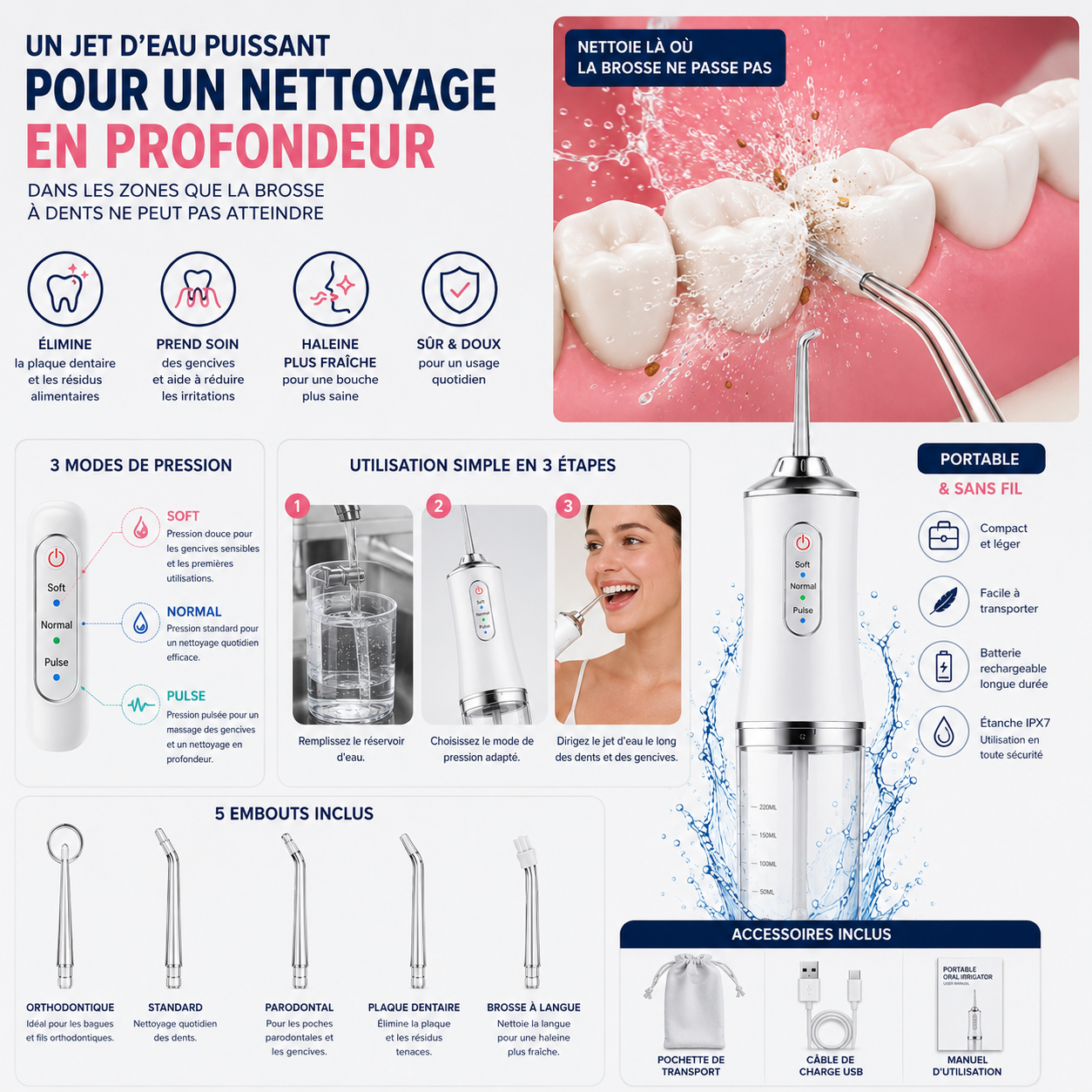 Hydropulseur Dentaire Portable – Nettoyage Interdentaire en Profondeur.