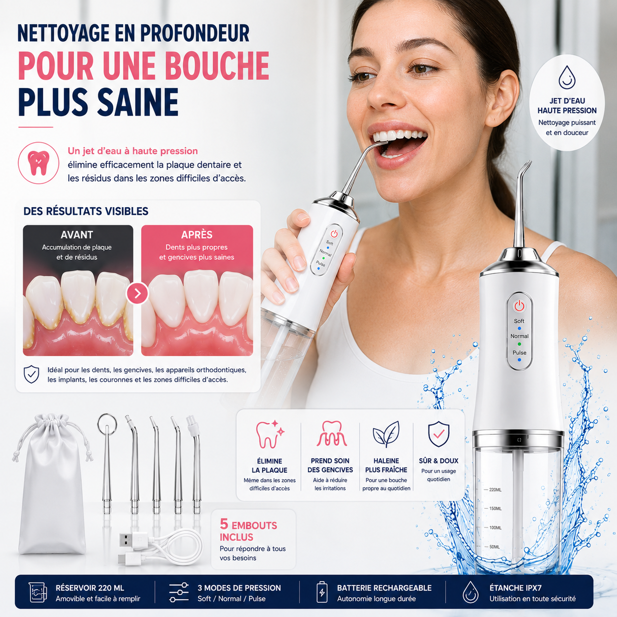 Hydropulseur Dentaire Portable – Nettoyage Interdentaire en Profondeur.