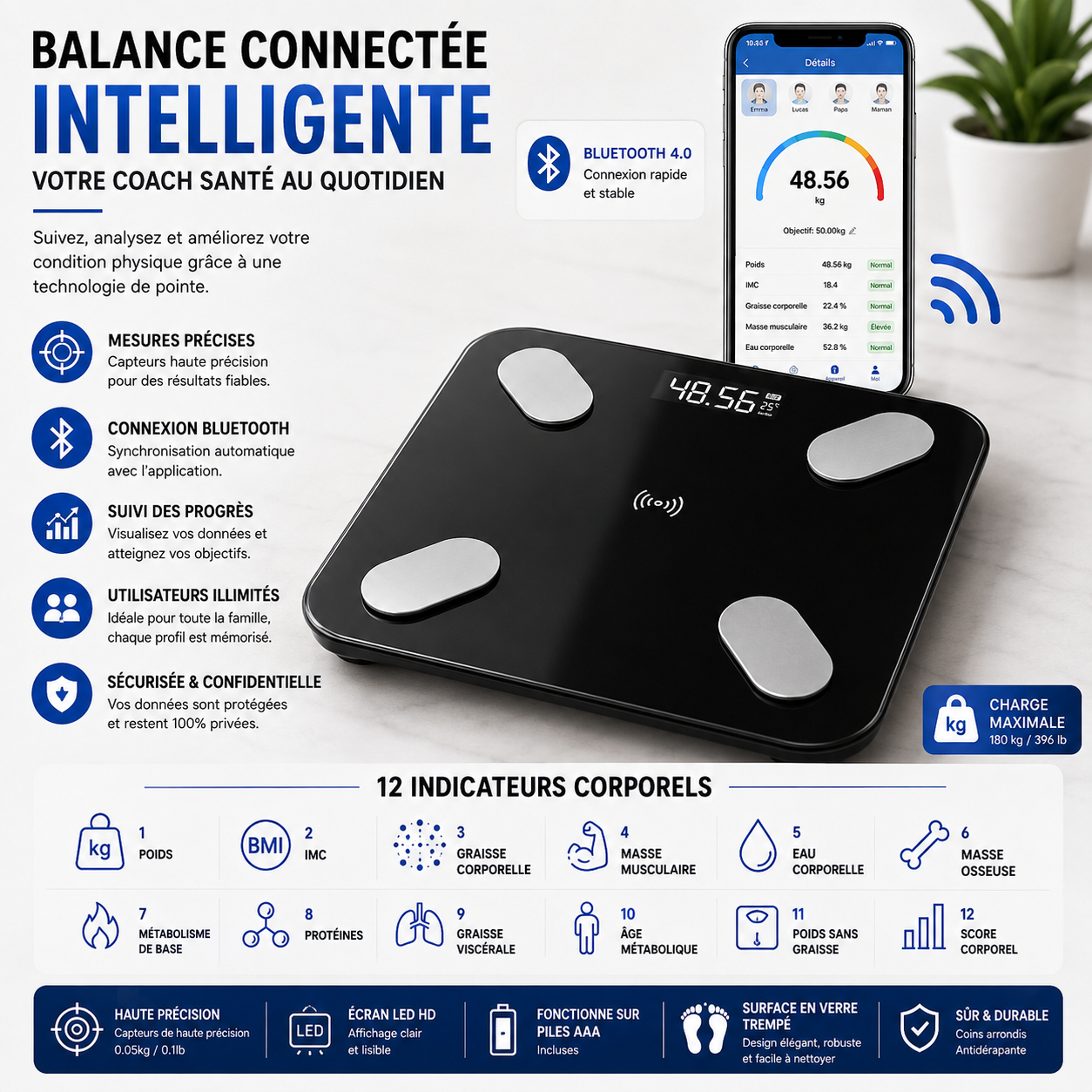 Balance Intelligente Bluetooth – Suivi Corporel Complet.