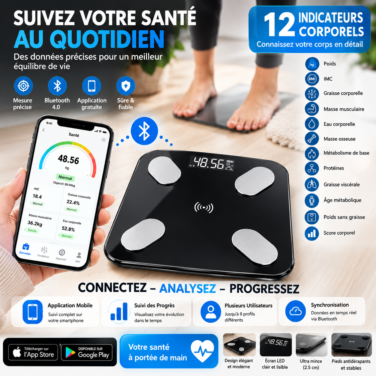 Balance Intelligente Bluetooth – Suivi Corporel Complet.