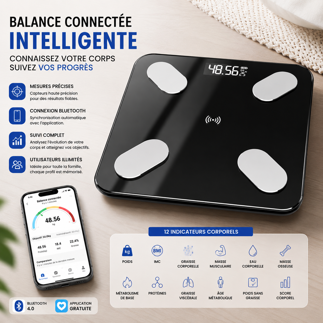 Balance Intelligente Bluetooth – Suivi Corporel Complet.