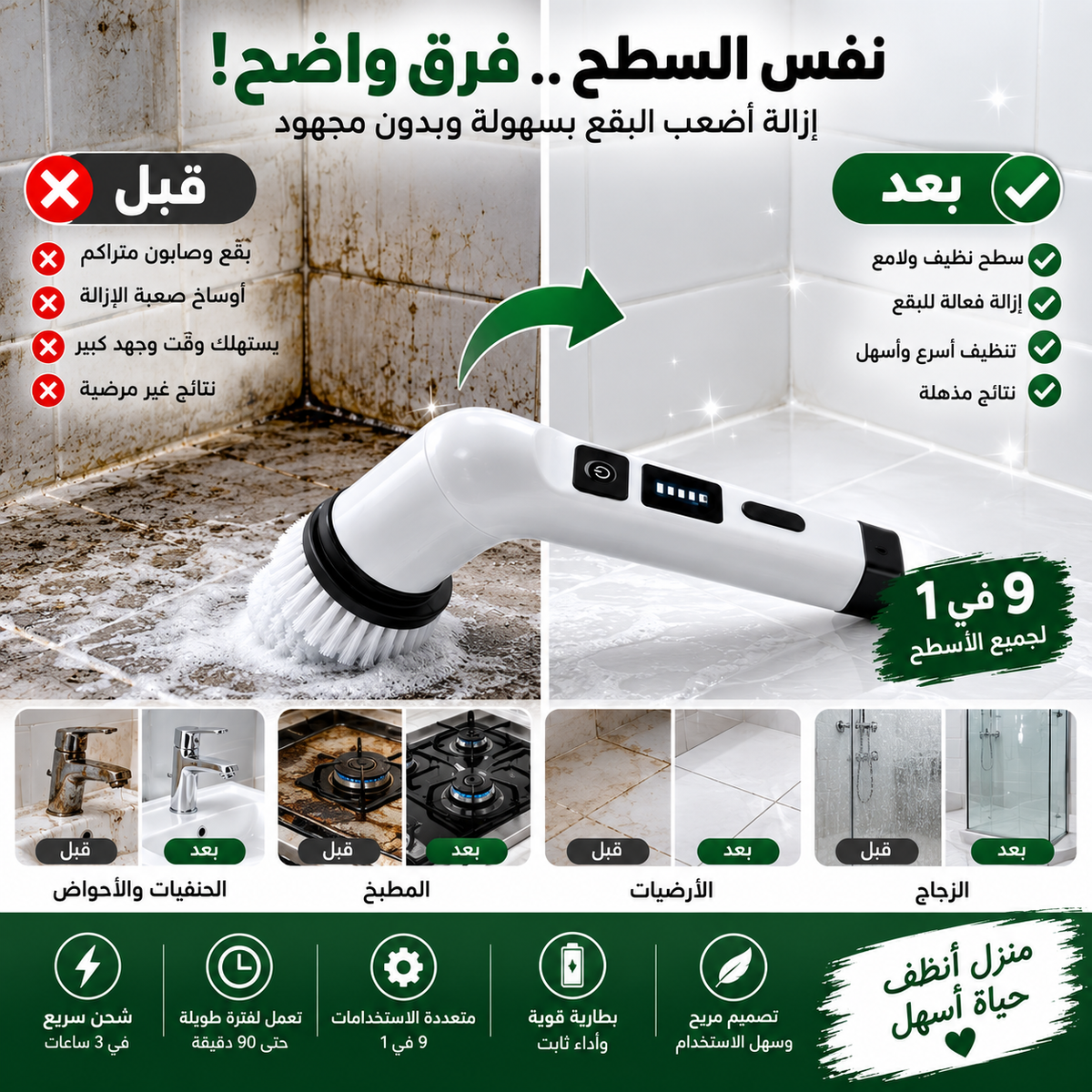 فرشاة تنظيف كهربائية لاسلكية 9 في 1 – متعددة الاستخدامات للمنزل والسيارة