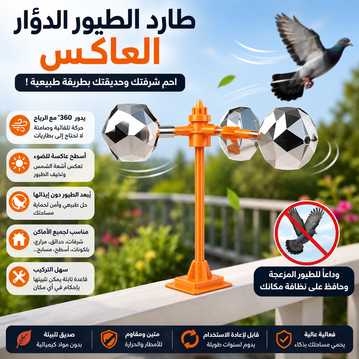 طارد الطيور الدوّار العاكس – حماية طبيعية للشرفات والحدائق